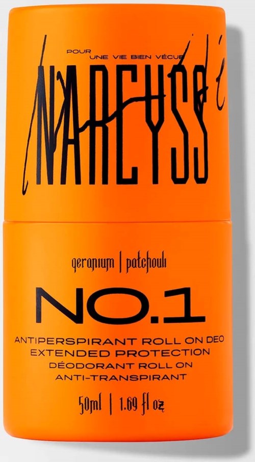 En oransje deodorant roll-on-beholder med svart tekst og stort tall 1. Den nevner antiperspirantbeskyttelse og utvidet deodorant.