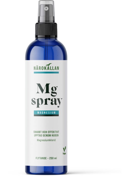 Blå sprayflaske merket Mg spray med magnesiuminnhold, 250 ml, for bruk på huden.