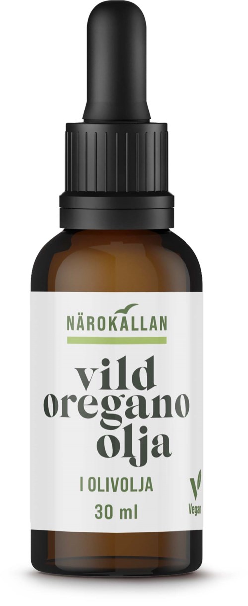 En liten mörkbrun flaska med en dropper, märkt "vild oreganoolja" och "30 ml".