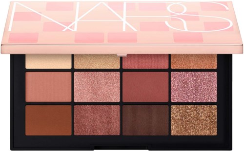 A palette with twelve pink, brown, and glitter eyeshadow shades in a black case with a pink lid.