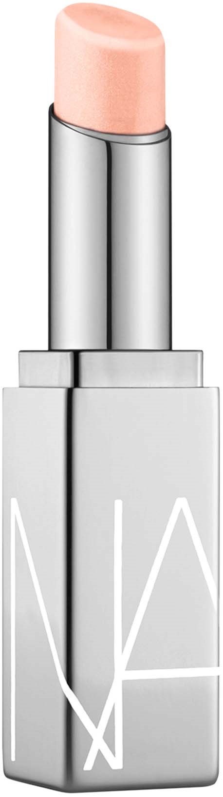 A light pink lipstick in a silver case, with the brand name NARS visible on the packaging.