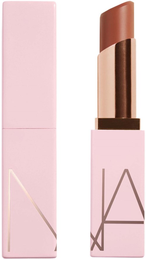 A lipstick with a pink box and the lipstick in a beige and brown shade.