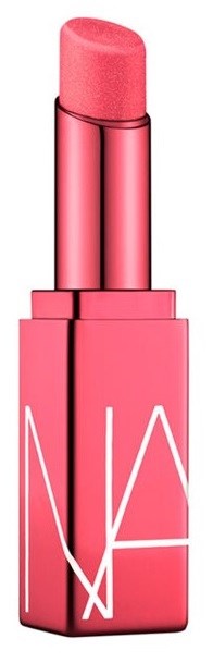 Vaaleanpunainen huul lipstick pinkissä kotelossa, jossa on valkoinen NARS-logo.