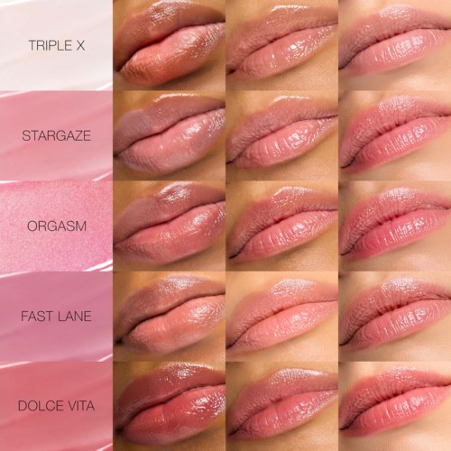 Lip gloss shades named Triple X, Stargaze, Orgasm, Fast Lane, and Dolce Vita shown on lips.