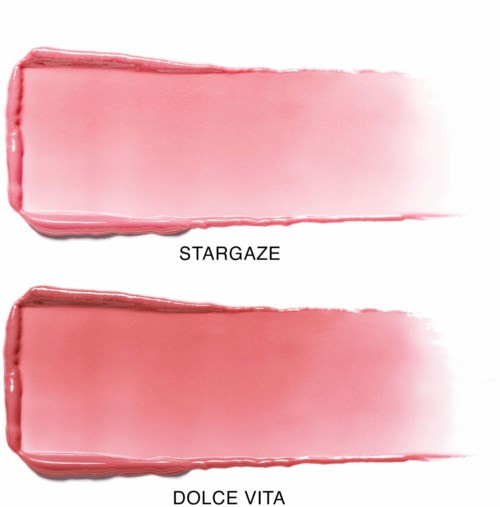 Två läppstiftsprover märkta Stardaze och Dolce Vita, visar olika rosa nyanser.