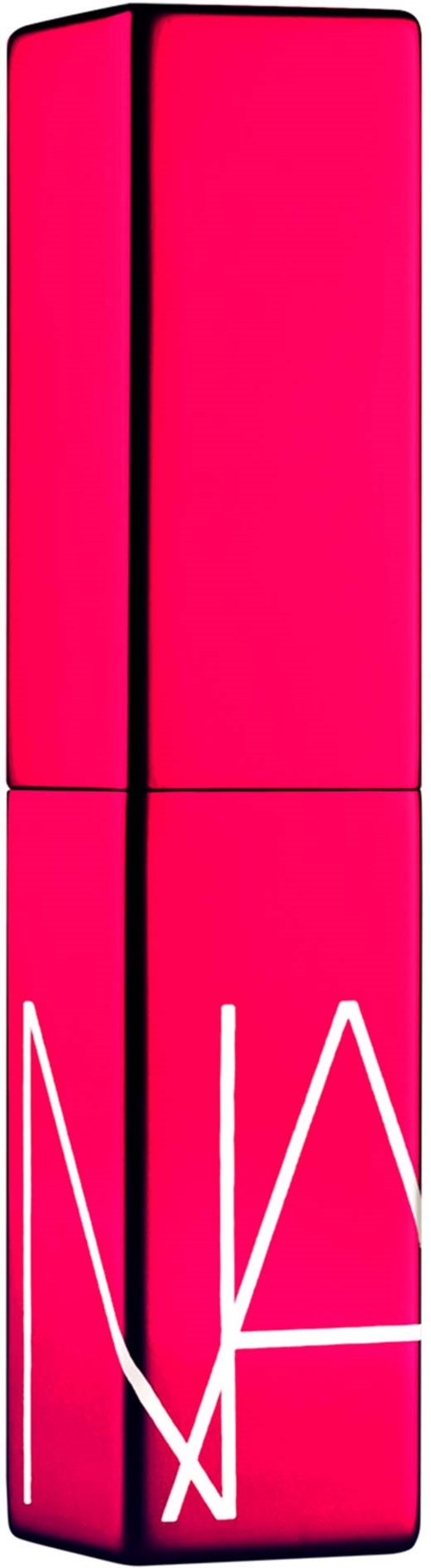 A tall, pink NARS lipstick case with the brand name at the bottom.