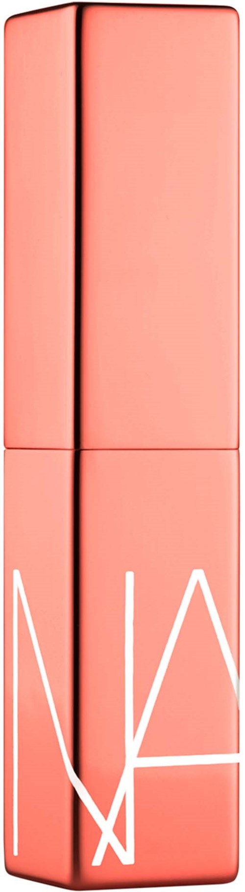 A pink lipstick tube against a black background with white NARS logo on it.