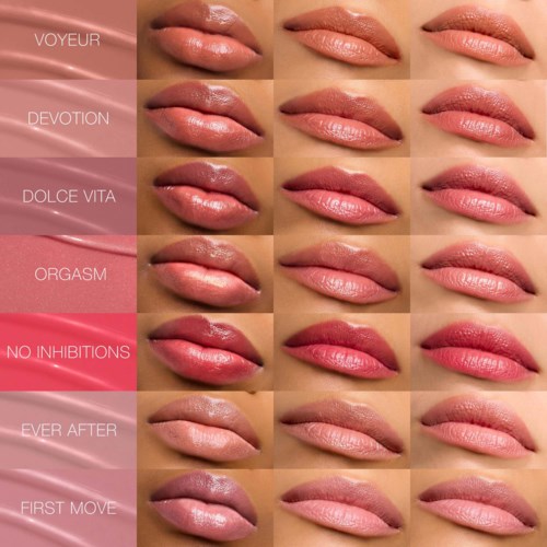 Lippen met verschillende tinten gemarkeerd van boven naar beneden, tonen diverse lipstickstijlen.