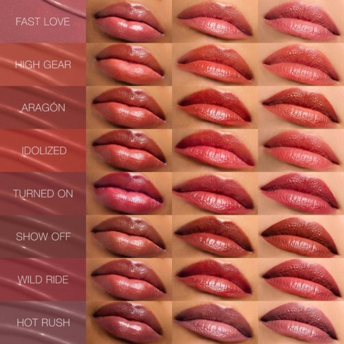 Dit is een lipstick diagram met verschillende tinten en texturen, zoals Fast Love en Wild Ride.