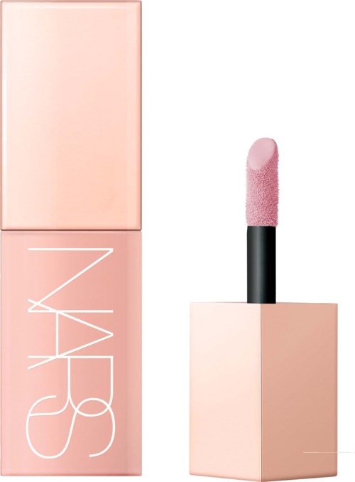 NARS lichtroze lipgloss met applicator, in een roze rechthoekige container.