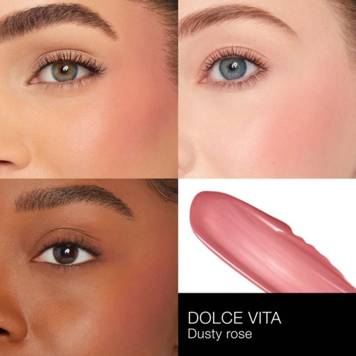 Close-up van drie verschillende vrouwenogen en een swatch van roze lippenstift genaamd 'DOLCE VITA Dusty rose.'