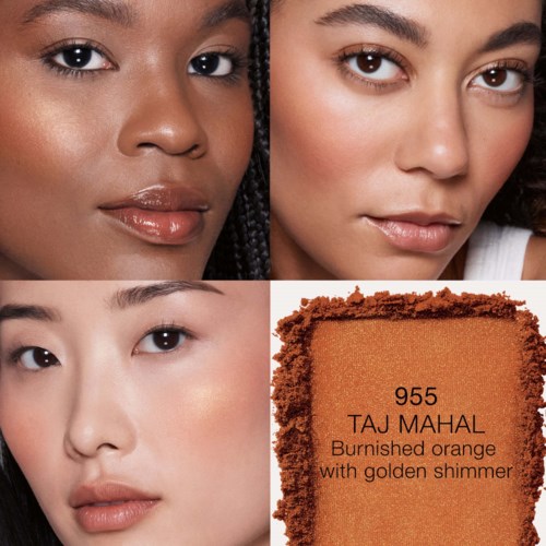 Drei Frauen mit unterschiedlichen Haartönen und ein Make-up-Produkt namens Taj Mahal, eine verbrannte Orangetönung mit goldenem Schimmer.