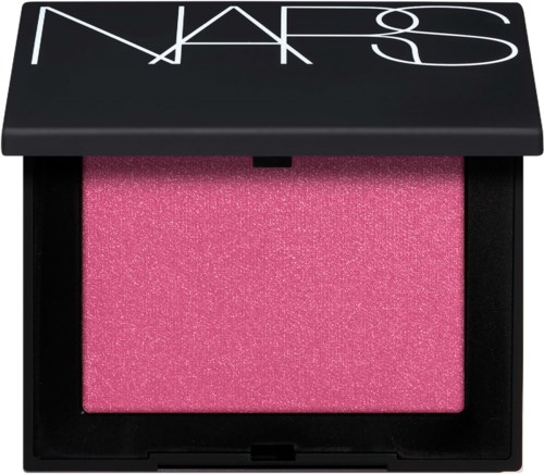 NARS-logo op zwarte deksel, roze glanzende blush in compact.