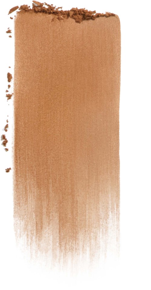 En brun makeupborststreck med ojämna kanter, tonande från mörk till ljusbrun, på en vit bakgrund.