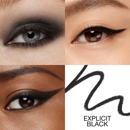 Four eye makeup styles and an explicit black logo with a brushstroke letter 'h' and text.