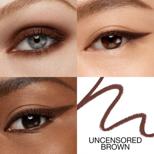 Two close-up eye photographs, one gray and one brown, with a logo and the text "UNCENSORED BROWN".