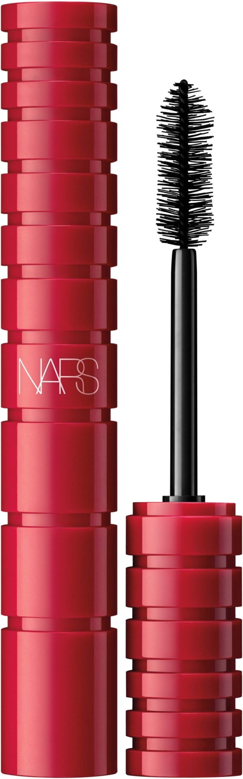 Rode mascara-tube met applicatorborstel ernaast. De tube heeft het NARS-logo.