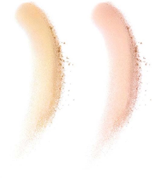 Två böjda, mjuka färgstreck: ett beige och ett rosa, med spridda kanter på vitt bakgrund.