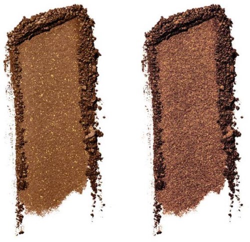 Två makeupprover, en i guld och en i brons, med ojämna kanter och glittriga texturer.