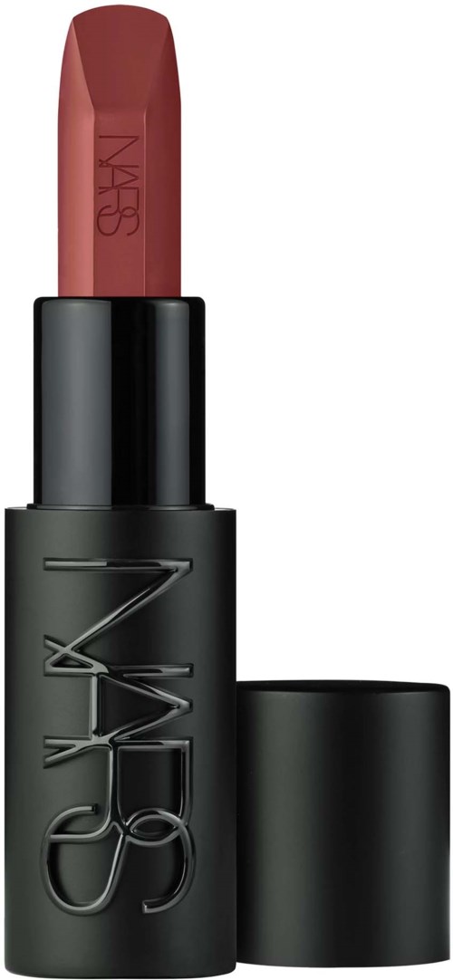 NARS lipstick with a mauve hue in a black tube, the cap is off showing the lipstick.