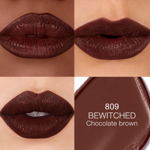 Four close-up images of lips showing different shades of chocolate brown lipstick, with the last image displaying lipstick packaging.