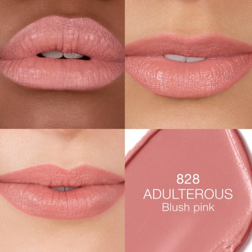 Four images show lips with different pink shades and a lipstick swatch labeled "828 ADULTEROUS Blush pink."