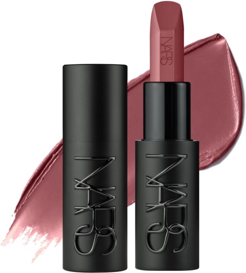 Two nude lipstick tubes with the NARS logo, one open showing pink lipstick, behind a lipstick smear.