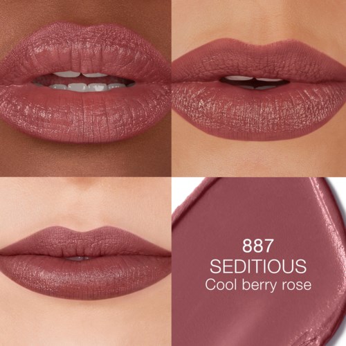 Four close-up images of lips and a lipstick swatch showing a pinkish-burly shade.