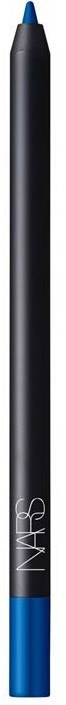Czarny i niebieski eyeliner z logo NARS, ostro zakończony, na czarnym tle.