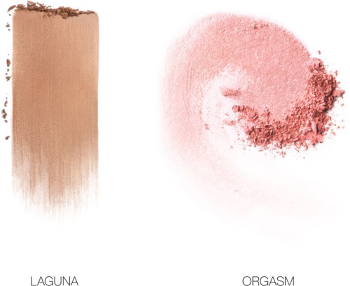 A beige makeup stick labeled 'Laguna' and pink powder labeled 'Orgasm' are displayed side by side.