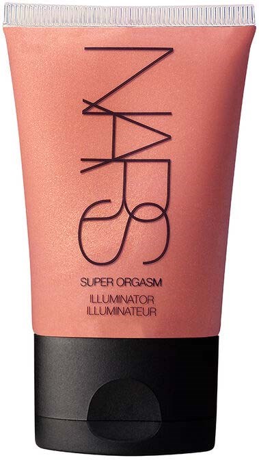 En rosa tub märkt NARS Super Orgasm Illuminator, med svart lock och text, står upprätt.