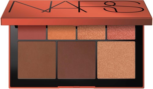 A makeup palette with four different shades of brown, and a lid with the NARS logo on it.