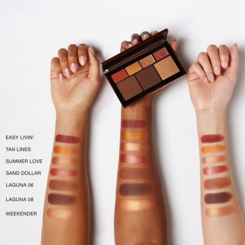 Three arms with different skin tones display various lipstick shades, alongside a makeup palette with multiple colors.