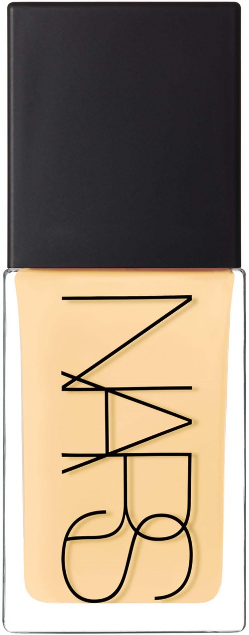 A beige liquid foundation bottle with black text, and a black cap on top.