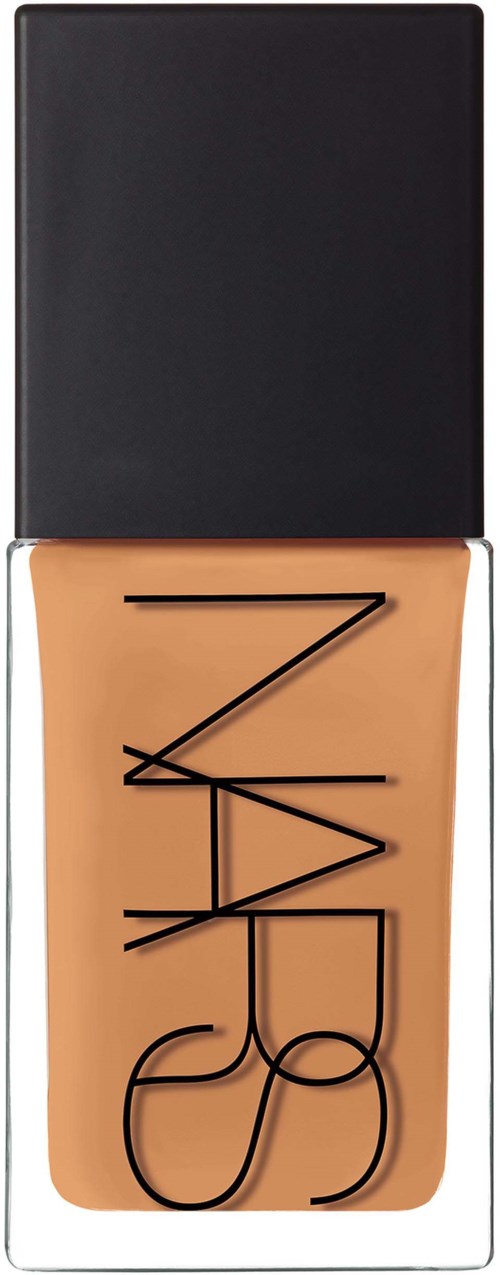 NARS liquid foundation bottle with black cap, beige liquid inside, minimalist black logo on the front.
