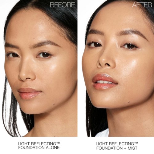 Vorher- und Nachher-Bilder einer Frau mit minimalem Make-up, zeigt klare Haut und eine leichte Veränderung im Gesichtsausdruck.