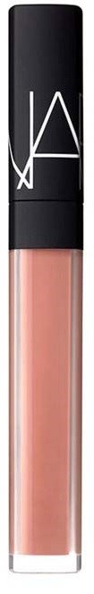 Ett NARS läppglans med svart lock och tydlig tube som visar ljusrosa gloss inuti.