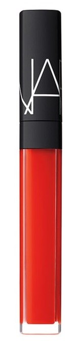 Ett läppglansrör med svart lock, röd gloss inuti och NARS-logga upptill.