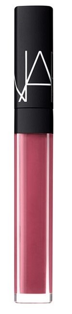 En läppglansrör med svart lock och rosa gloss inuti, märkt med NARS-logotyp på locket.