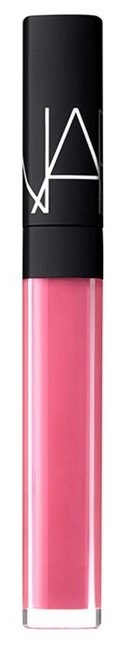 Ett läppglansrör med svart topp, märkt med stora vita bokstäver, med rosa gloss inuti.