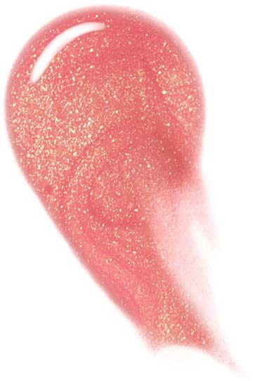 Ett blekt rosa, tårformad sminkblush med guldglans, glänsande och slät yta.