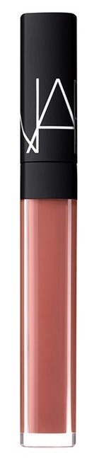 Läppglans med svart lock och klar kropp som visar peach-färgat gloss inuti.