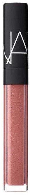 En tub med NARS läppglans med svart lock och transparent kropp som visar rosa gloss.
