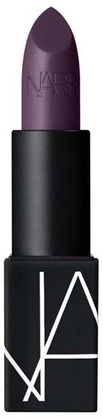 En NARS läppstift i mörklila med svart fodral, visar NARS-loggan på läppstiftet och fodralet.