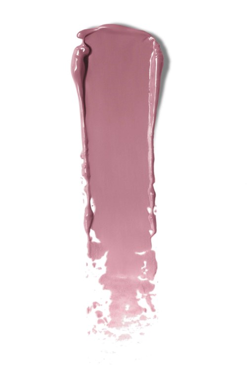En lång, rosa, glänsande strykning av färg eller smink på en vit bakgrund.