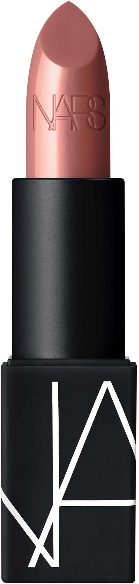 Ett NARS läppstiftsfodral med en mjuk nude-läppstift inuti, svart ytterfodral och vit logodesign.