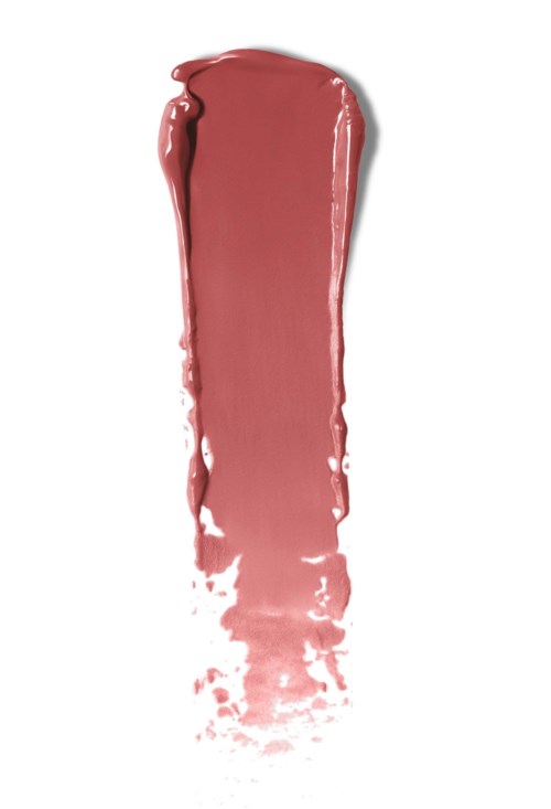En smet av rosa-brun smink eller läppstift på en vit bakgrund.