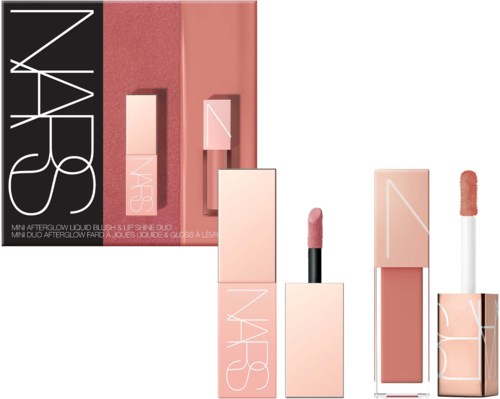 NARS makeup set with liquid blush and lip shine duo, includes different shades and applicators.