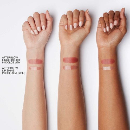 Three arms with different skin tones show swatches of blush and lipstick. Text explains product names and shades.