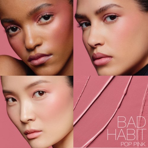 Four women with natural makeup and different skin tones pose against a pink background, with "Bad Habit" text and pink lines.
